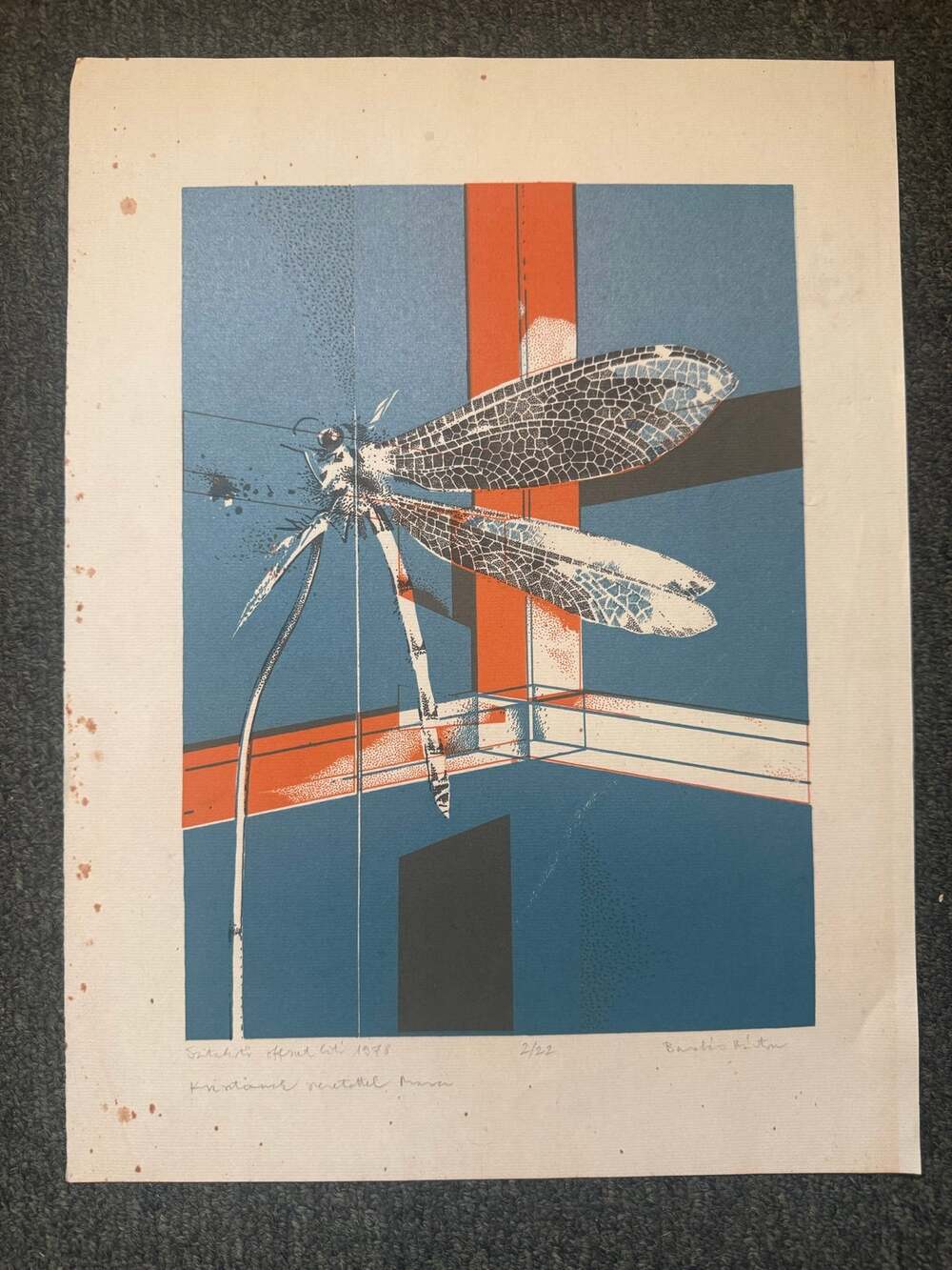 Signed Limited-edition Art Szitakötő (Dragonfly) 1978 Artist Márton Barabás 2/22